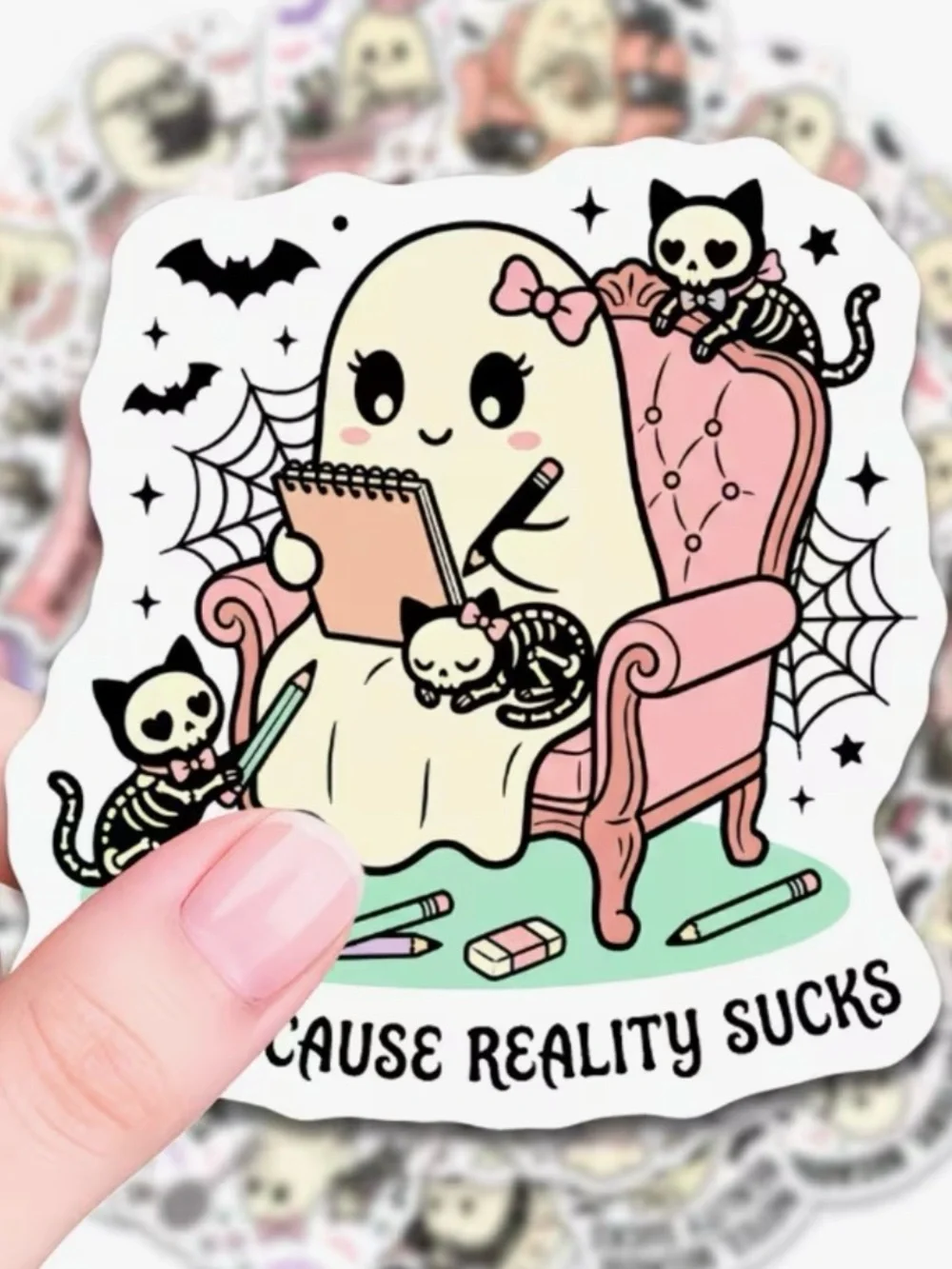 50 Cute Ghost & Her 3 Pet Cats Stickers Busy Kitty Because Reality Sucks' Pink